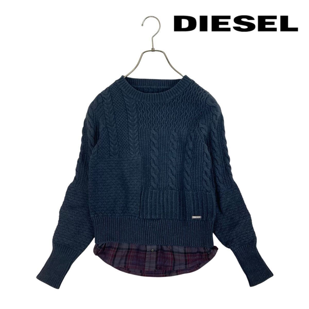 12T452☆ DIESEL ディーゼル ネイビー系 コットン100% シャツ ニット ドッキング セーター 春秋冬 トップス 可愛いデザインです◎ XS拍卖