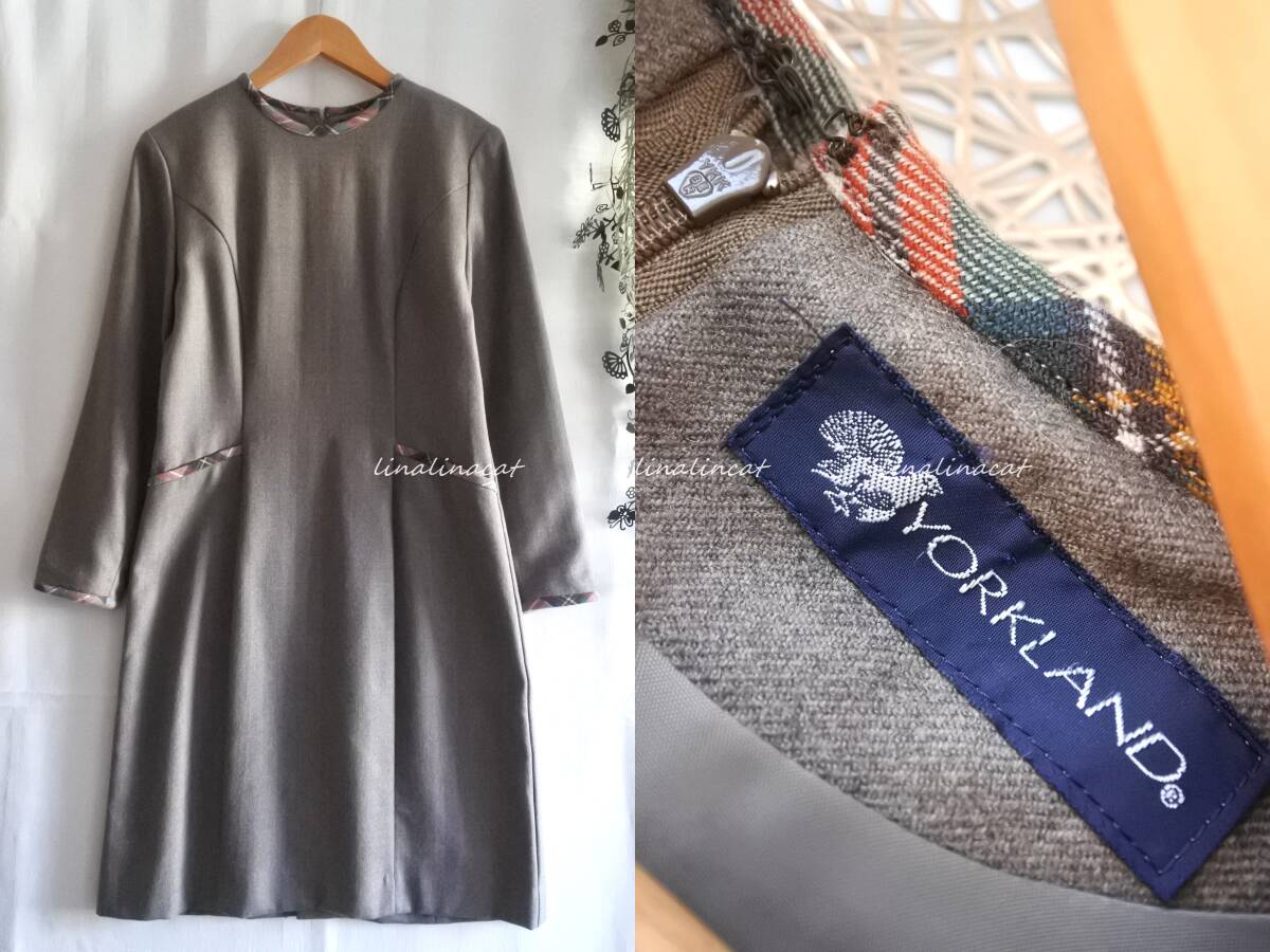 美品です YorkLand ヨークランド* ウール チェックバイアス ワンピース 9AR グレイッシュブラウン系拍卖