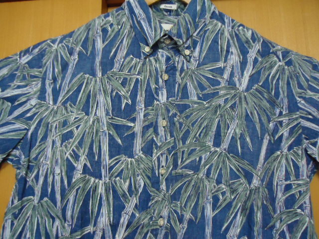 即決 ハワイ reyn spooner レインスプーナー アロハシャツ 青色 竹・笹柄 M7 CLASSIC FIT ゴールドタグ拍卖