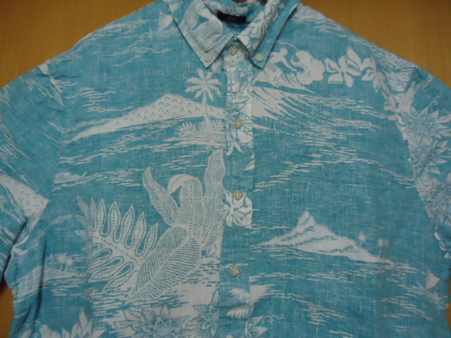 即決 ハワイ reyn spooner レインスプーナー アロハシャツ ブルーグリーン色 風景 花・葉っぱ・レイ柄 M31 CLASSIC FIT 麻素材拍卖
