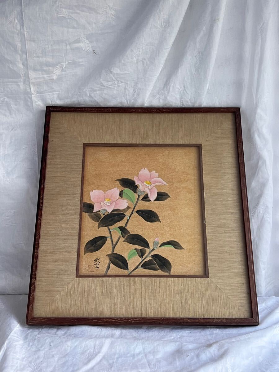 ◆模写 サザンカ 色紙画◆B-2143拍卖