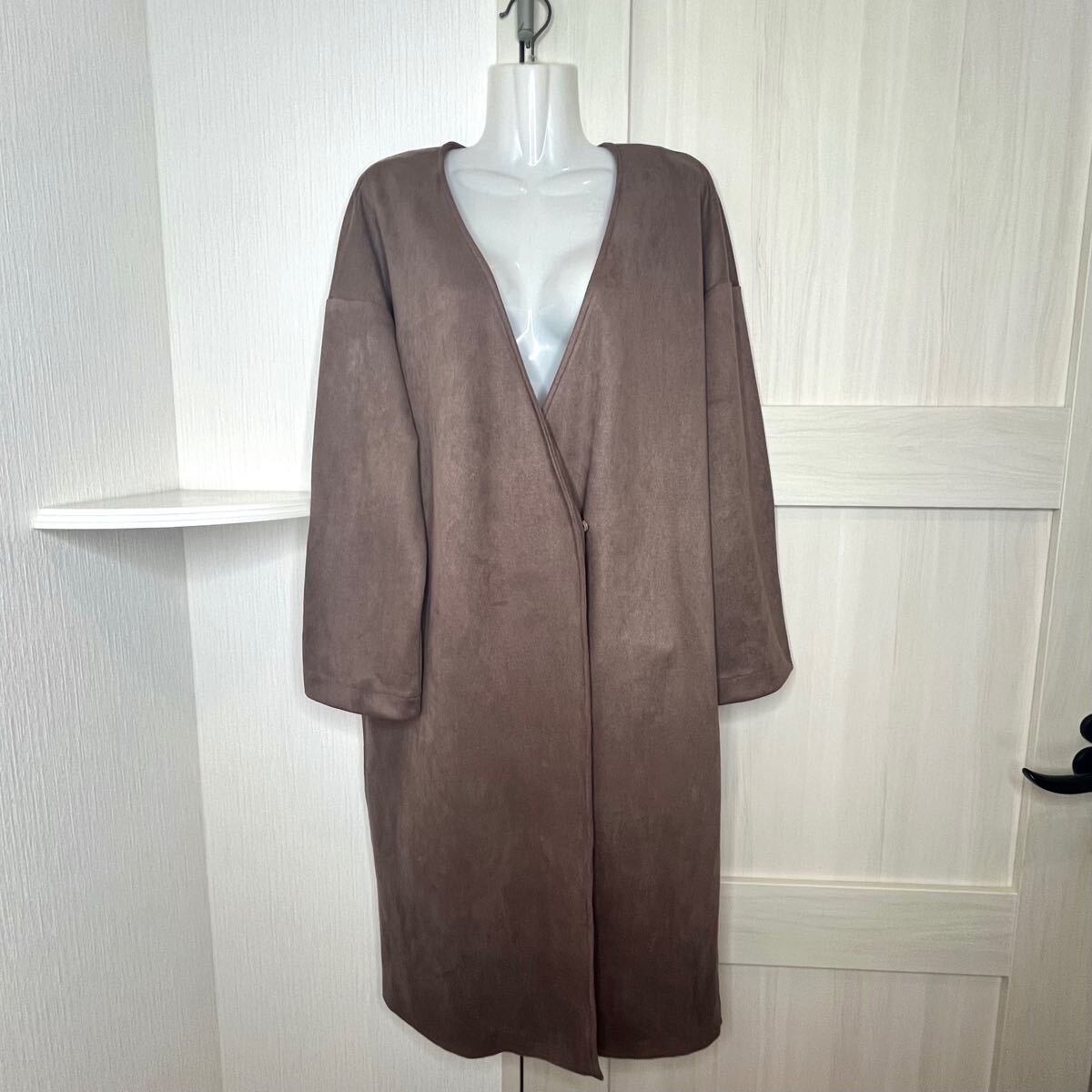 RagOut ノーカラー ロング コート L ブラウン シンプル ベロア生地拍卖