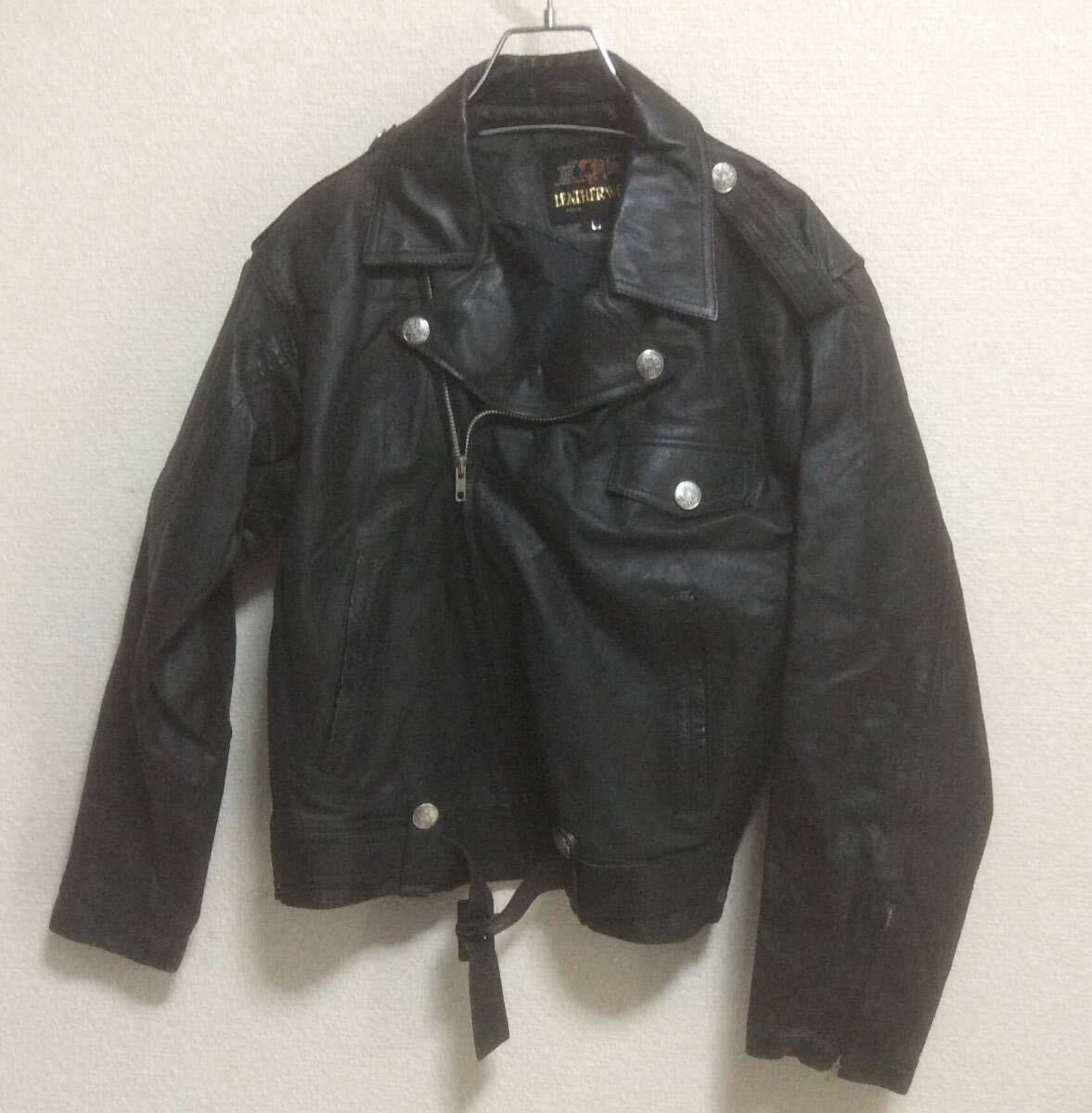 ビンテージ LEATHERWEARリアルレザー本革フライトジャケット 羊革 メンズ Lサイズ 日本製 ダブルライダースジャケット 古着拍卖