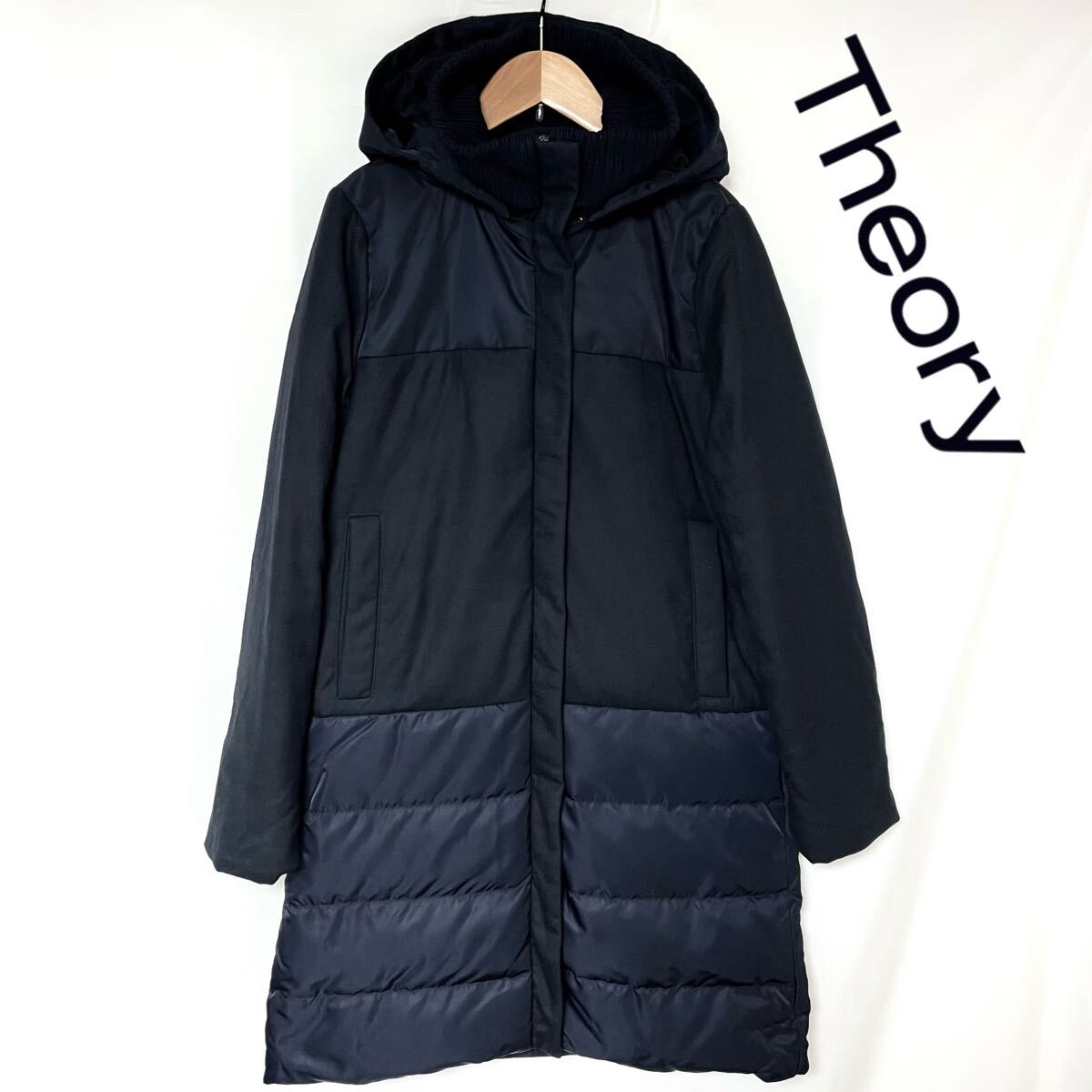 Theory セオリー 異素材 切り替え ダウンコート ダウンジャケット ウール ナイロン レディース ネイビー 紺色 S拍卖