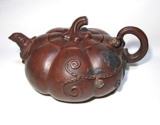 稀少ヴィンテージ★中国 茶壷型 盆栽鉢 南瓜型 陶印アリ 急須/茶注型 植木鉢 花瓶 古玩 カボチャ型 オブジェ★《検》朱泥 紫泥 紫砂 茶道具拍卖