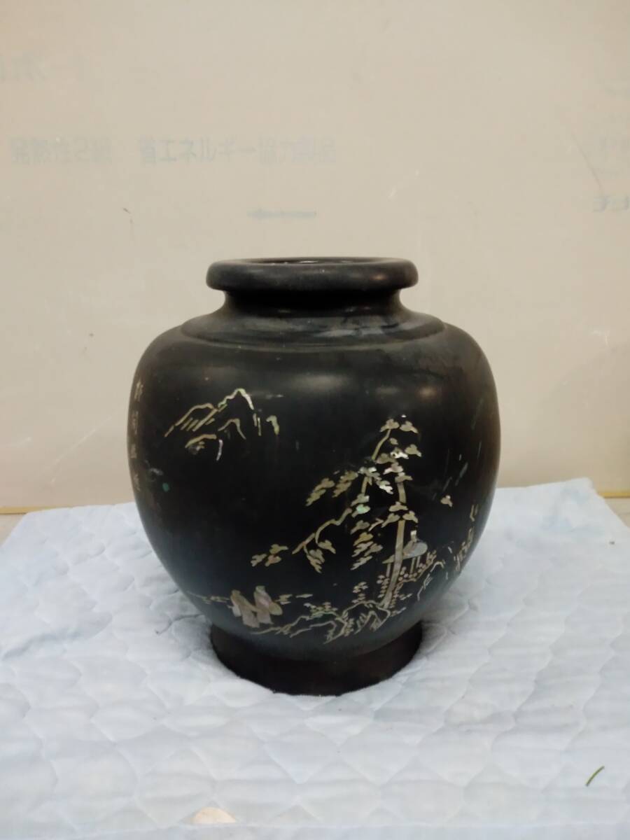 1105-0018 中古★ハンドペイント 作者不明 色絵 風景画 壺 大花瓶拍卖