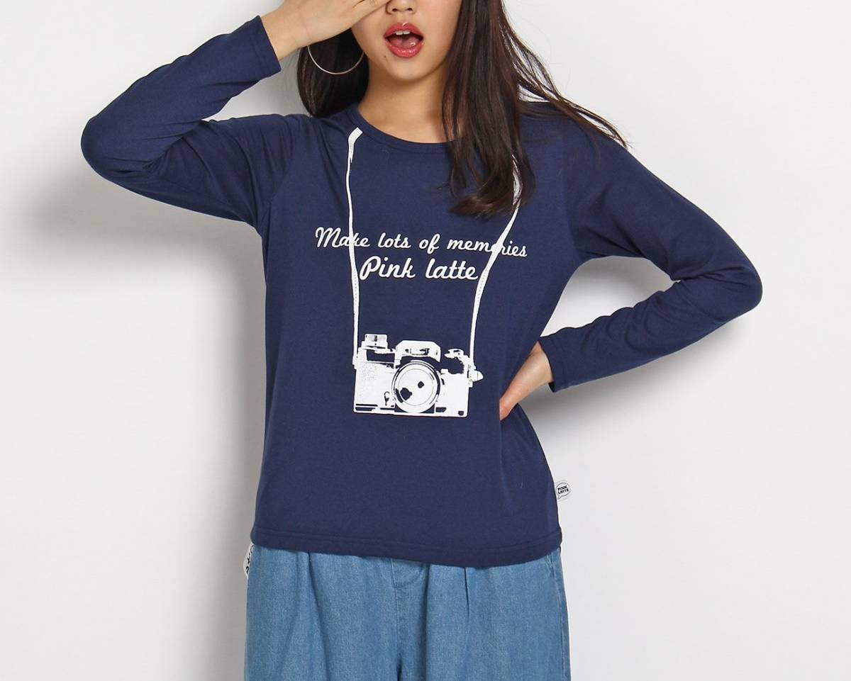 新品 PINK-latte 天竺カメラプリントカットソー ネイビー XS(150㎝) 定価1320円拍卖