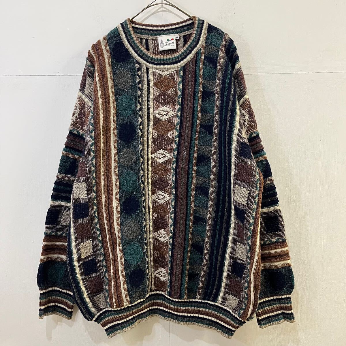 VINTAGE Dante イタリア製 ニットセーター 総柄ニット 3Dニット 立体編み クレイジーパターン ヴィンテージ 希少 【送料一律/同梱可能】P拍卖