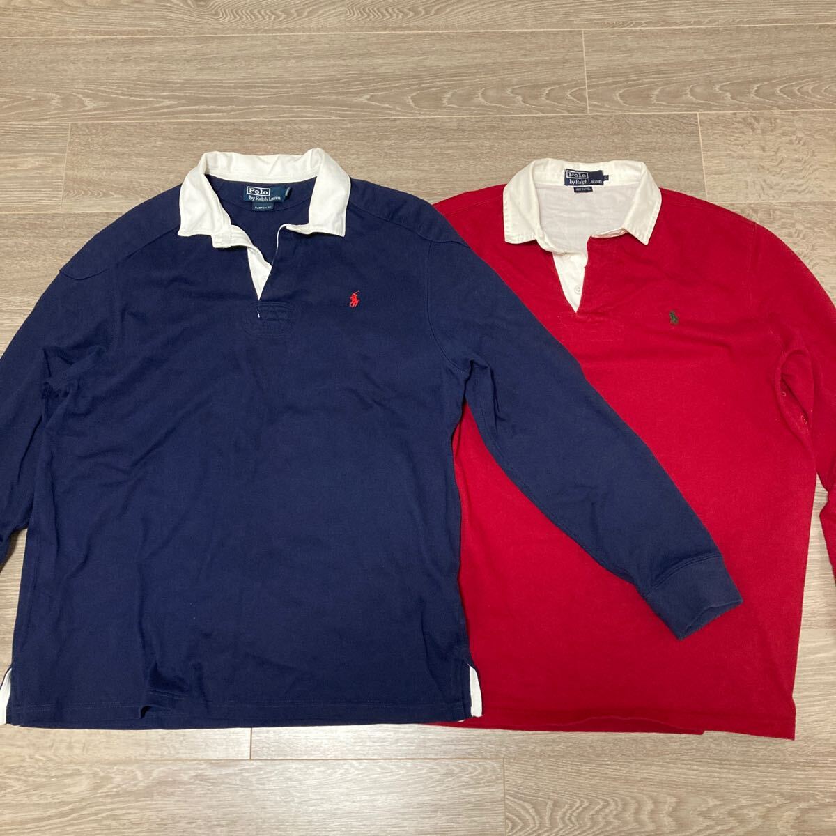2枚セット ポロラルフローレン POLO RALPH LAUREN 長袖ラガーシャツ スエット 青ネイビーXL, 赤レッドL アメリカ購入品拍卖