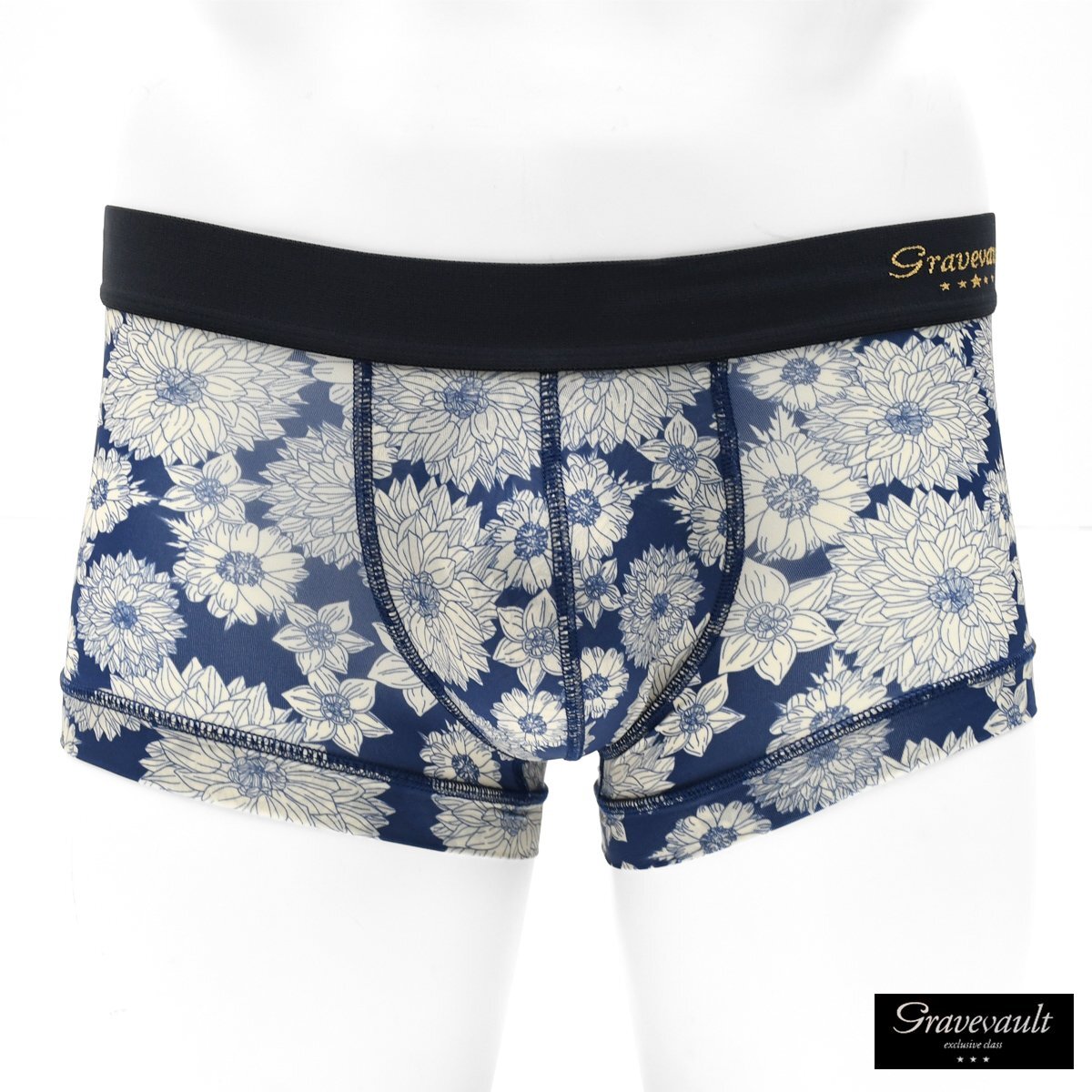 3052221-nv GRAVEVAULT ボクサーパンツ ローライズ 花柄 メンズ パンツ 日本製 アンダーウェア 下着(ネイビー紺色ベージュ) M拍卖