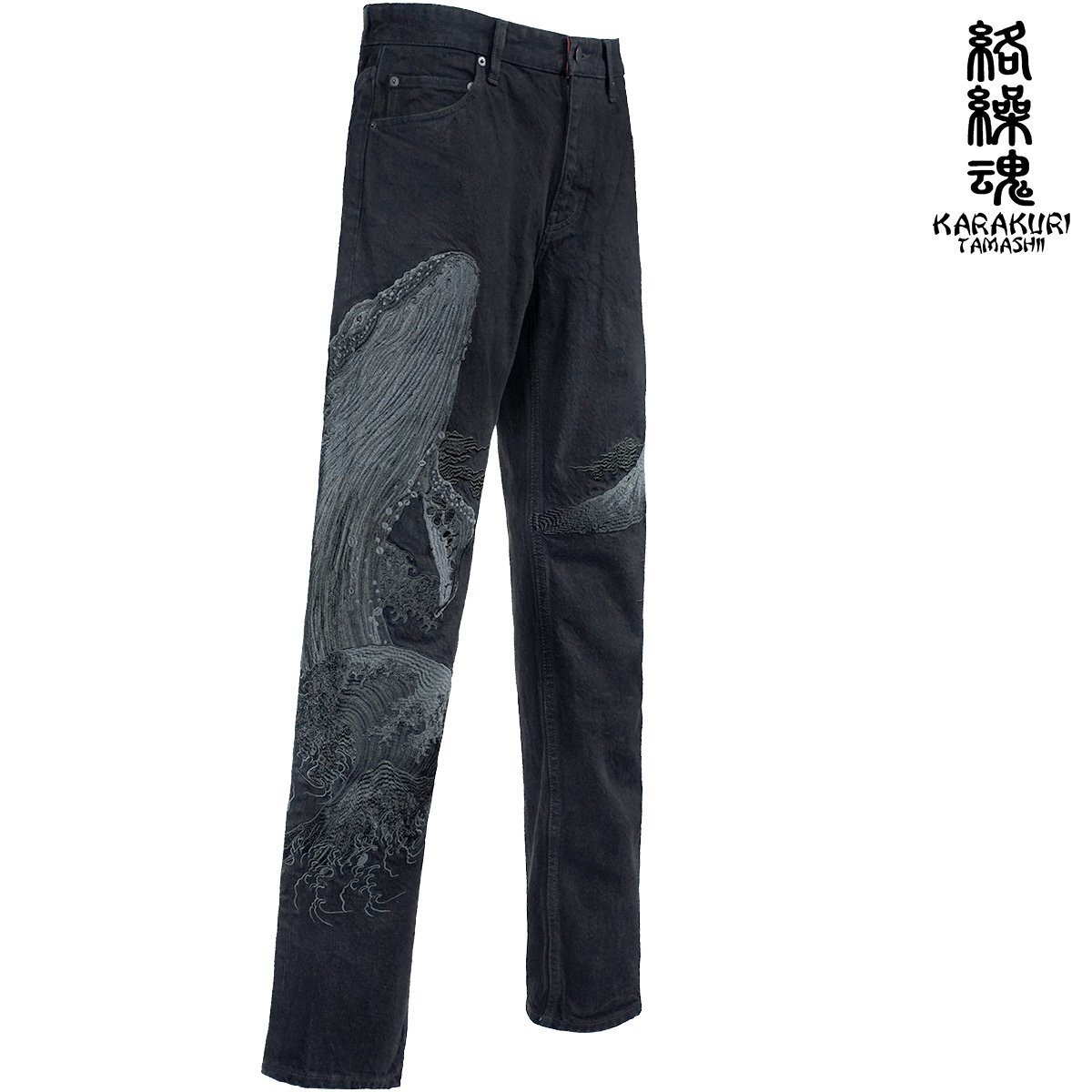 243235-20 絡繰魂 漆 デニム 和柄 総刺繍 クジラ 富士山 ロングパンツ メンズ(ブラック黒) 34 からくり 波 5ポケット 鯨×富士波拍卖