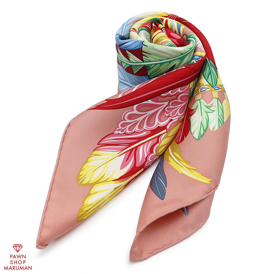 HERMES エルメス カレ90:Dance Pacifique シルク100% ピンク×マルチカラー【丸万質舗】拍卖