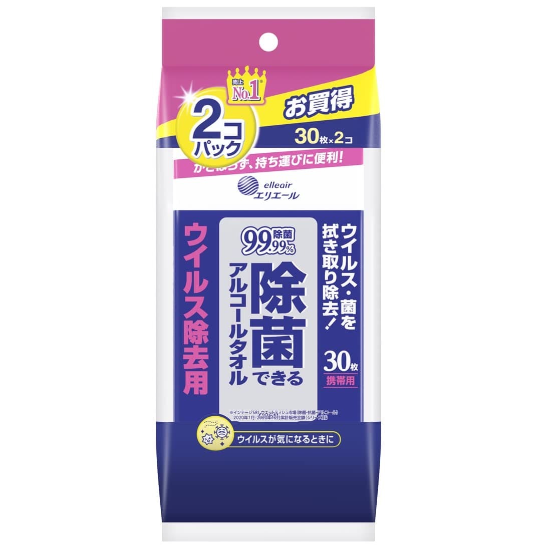 エリエール除菌ウイルス除去用携帯用30枚×2個 容量60枚 大王製紙 ウェットティッシュ拍卖