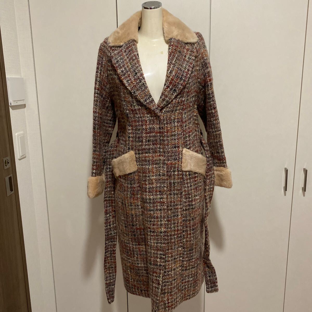 新品ウールツイードミンクファーロングコートM拍卖