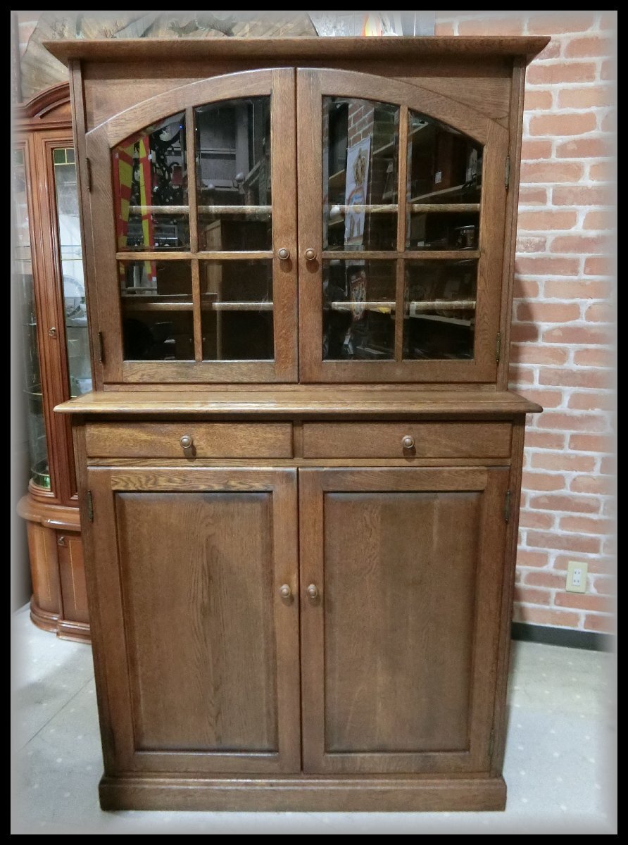 B203T 旭川 勇峰工芸 ナラ材 カントリー調 カップボード キャビネット 食器棚 北海道手作り家具拍卖