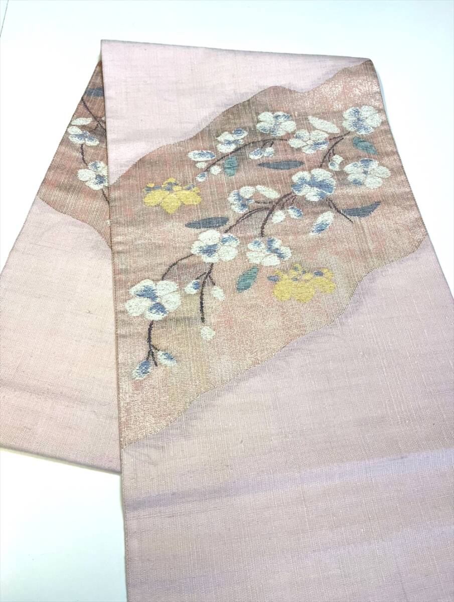 花とら●リサイクル帯 袋帯 薄桃 金属糸 紬風 241108拍卖