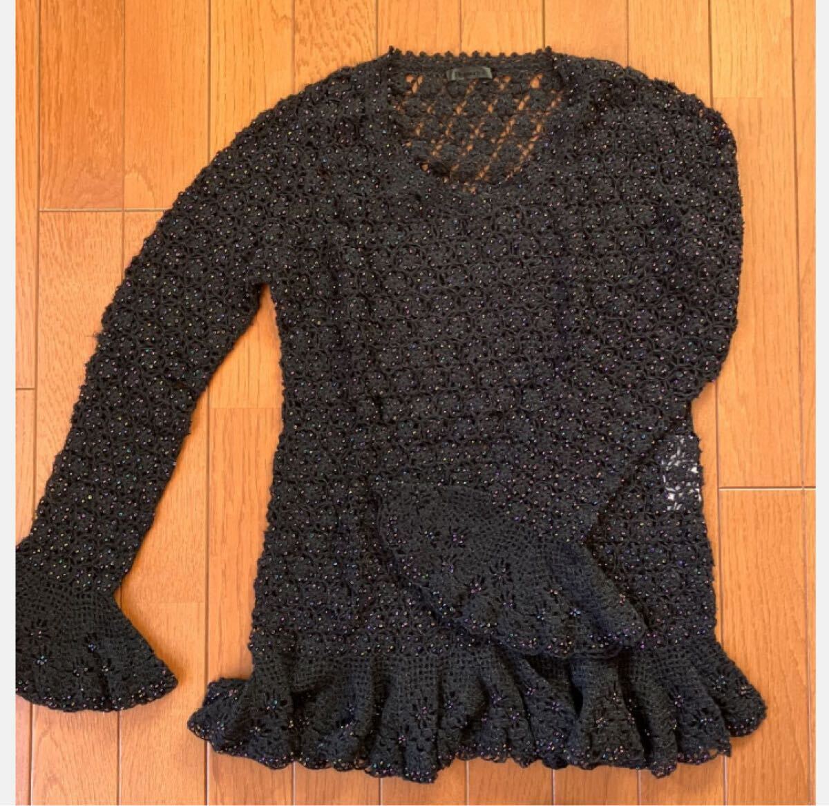 HYSTERIC GLAMOUR 90s かぎ針編み ビーズ装飾 フラワーモチーフ 黒 長袖 ニット チュニック ヒステリックグラマー オゾンコミュニティ拍卖