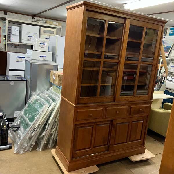 b)勇峰工芸 ダイニングボード ひまわり 食器棚 天然木 道産カバ H180cm×W119.6cm×D42cm 家具 中古 ※家財宅急便2個口発送拍卖