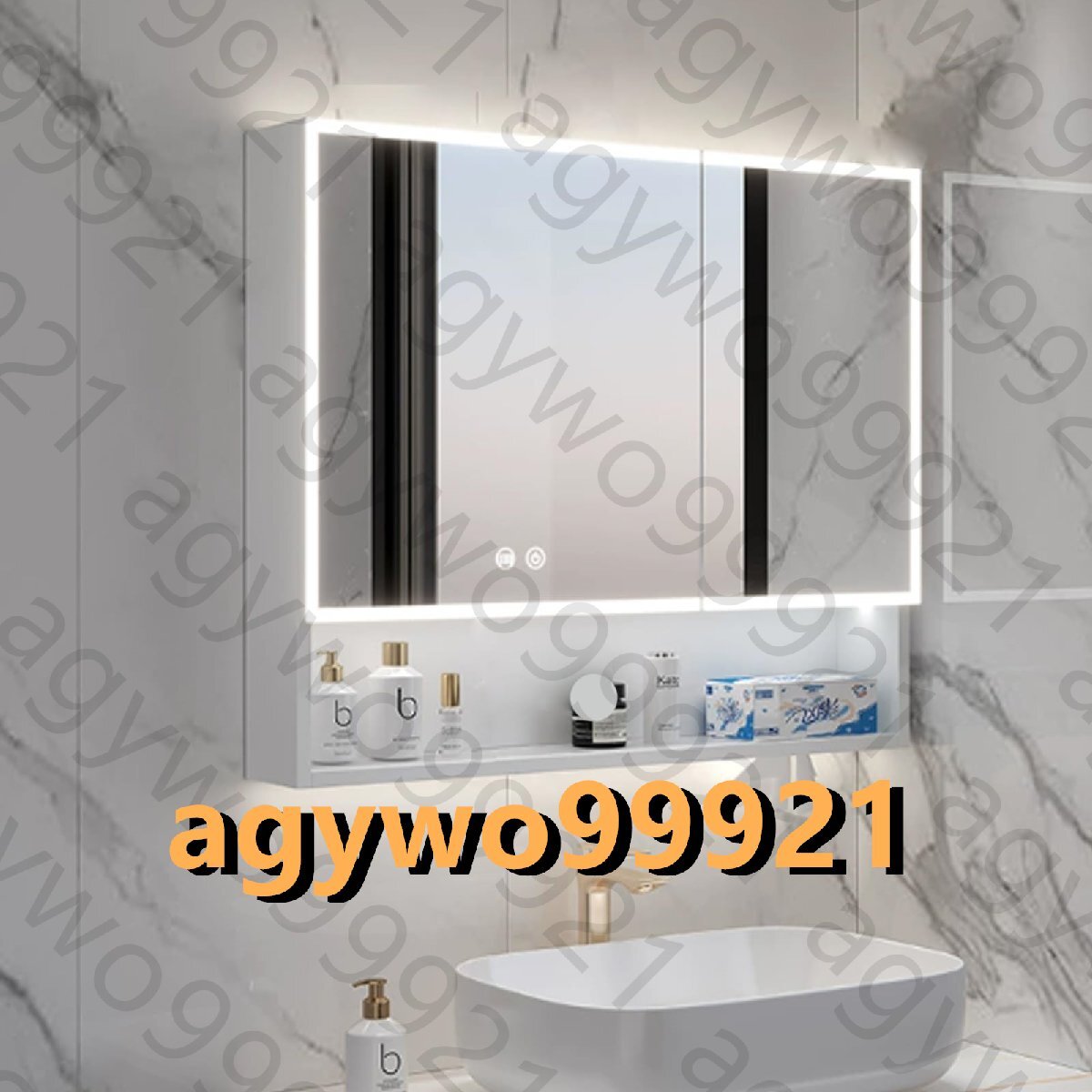 浴室 ミラー 曇り止め 洗面化粧台 360°LEDライトストリップ ミラーキャビネットペーパータオルスロット80*13*70cm拍卖