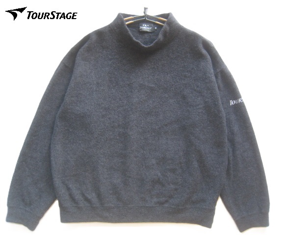 美品日本製!!ツアーステージ TOURSTAGE*ロゴ刺繍 ハイネック ウールニットセーター・スウェット M ダークグレー GOLF ゴルフ拍卖