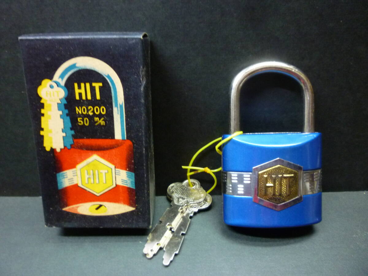 ③デッドストック 古い南京錠 青 ブルー HIT NO200 50mm アンティーク ビンテージ 昭和レトロ 古道具 金物 錠前 カギ 鍵 掛金拍卖