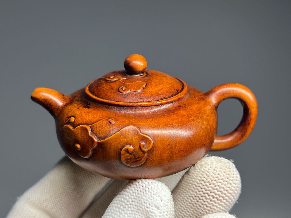 中国古美術 木製 一刀彫 茶壺 置物 飾り物 雲紋 黄楊木 旧蔵 コレクション拍卖
