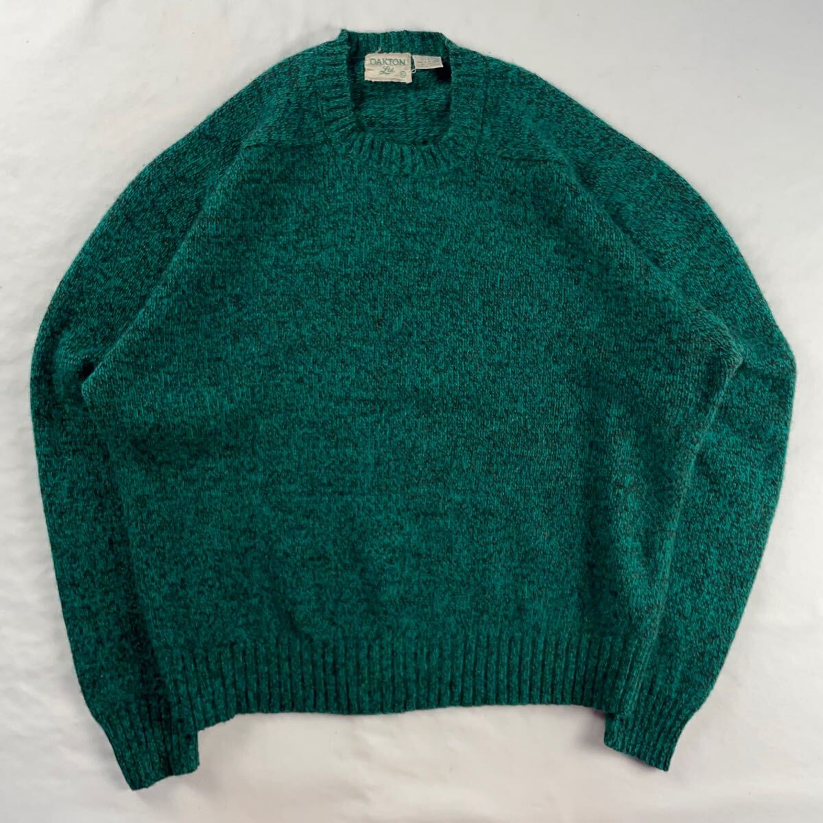 US Vintage 70s OAKTON ウール70% アクリル30% ラグラン ミックスカラー メランジ 単色 プレーン グリーン デザインニット拍卖