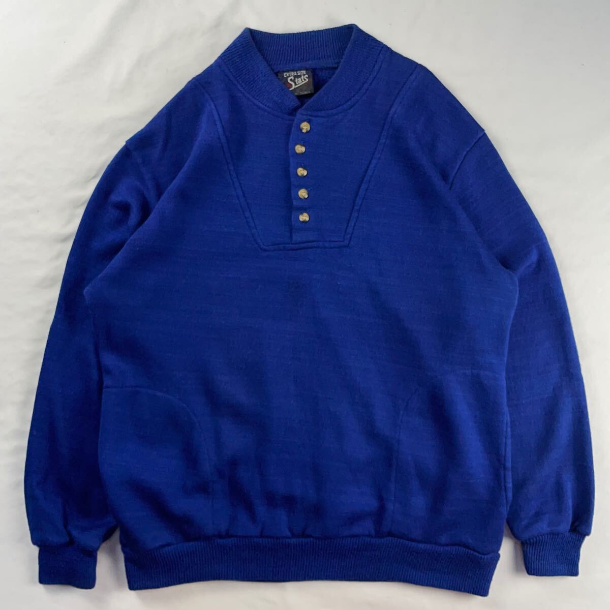 US Vintage 70-80s? Stats アクリル100% ヘンリーネック ハーフボタン ポケット付き 単色 プレーン ブルー 青 レトロ デザインニット拍卖