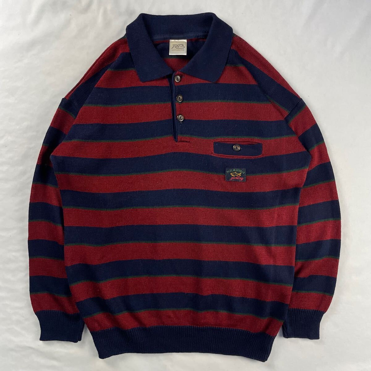 Euro Vintage ポルトガル製 RB exclusivos アクリル100% 好配色 ロゴパッチ ボーダー ニットポロ デザインニット ラガーシャツ拍卖