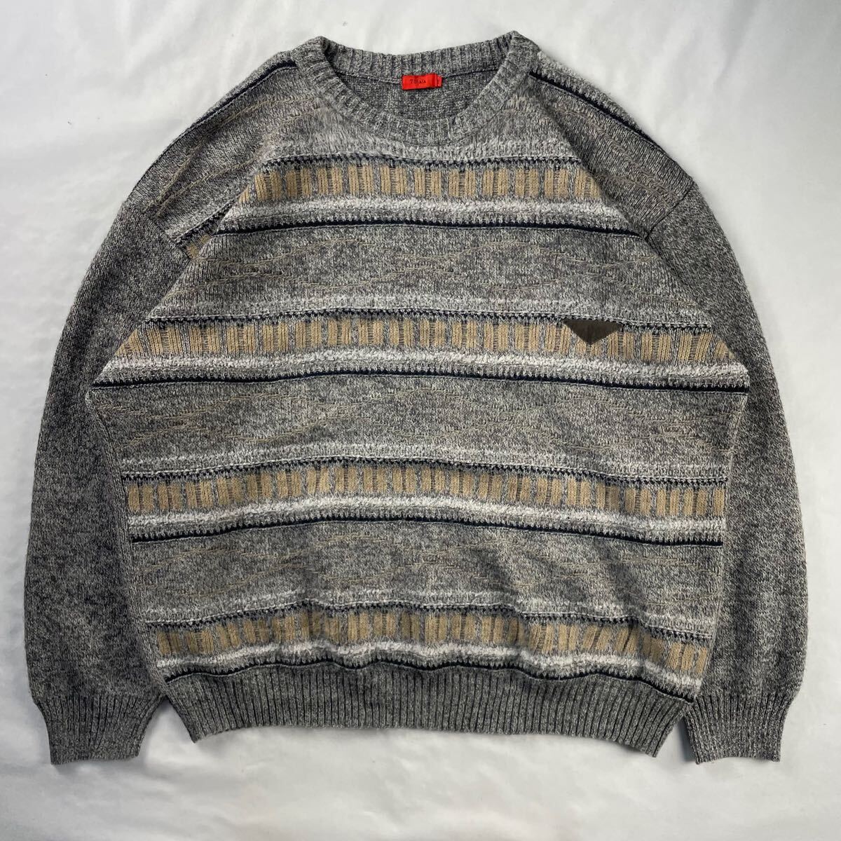 Euro Vintage TISSAIA スエードレザーパッチ 立体 3D 幾何学模様 アート エスニック 民族 ボーダー メランジ 総柄 デザインニット拍卖