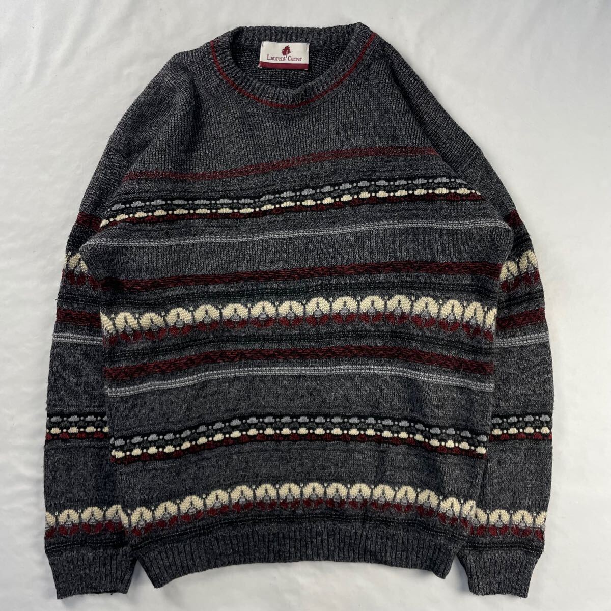 Euro Vintage 90s Laurent Cerrer くすみカラー 立体 3D エスニック 民族 幾何学模様 アート ボーダー 総柄 デザインニット拍卖