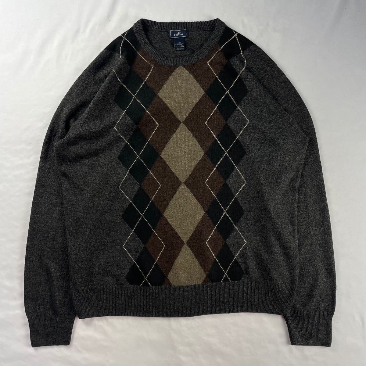 US Vintage 90s DOCKERS アクリル100% くすみカラー アーガイルチェック ダイヤ メランジ 薄手 デザインニット拍卖