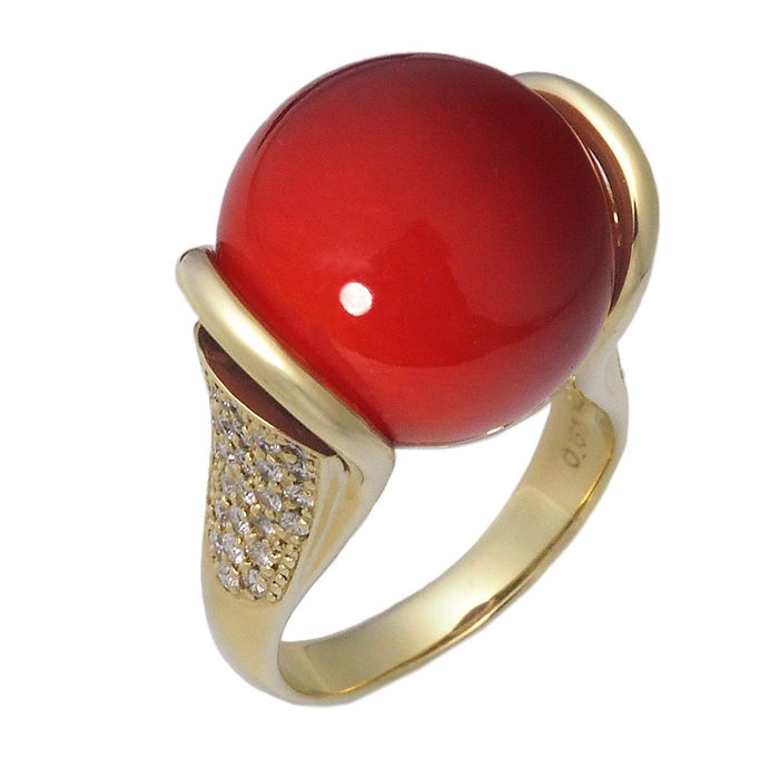 音羽屋■ 珊瑚 サンゴ/15mm ダイヤ/0.51ct K18YG イエローゴールド リング 12.5号 ソーティング付き 仕上済【中古】拍卖