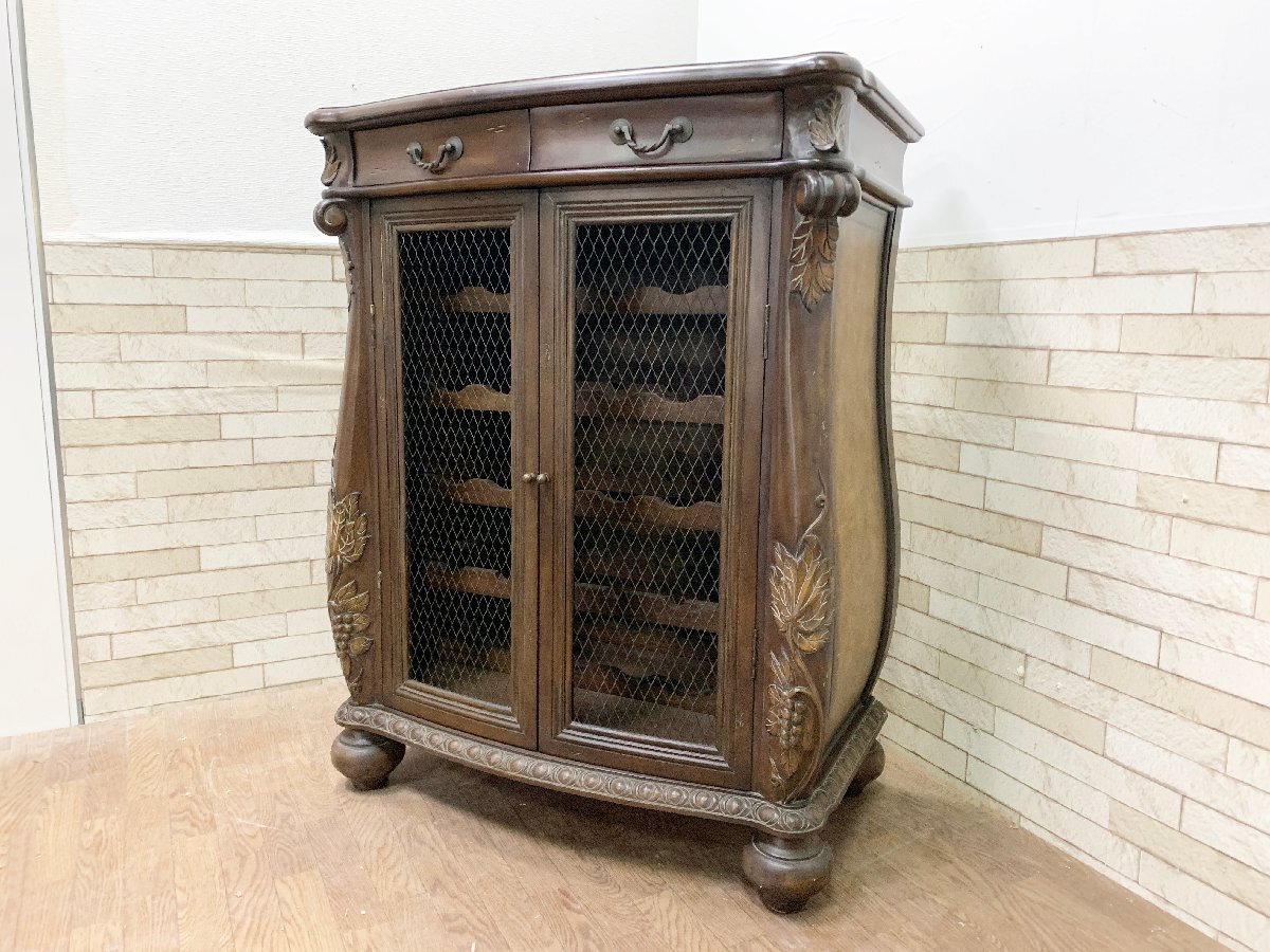 英国アンティーク ワインラック ワインホルダー 収納 ワインキャビネット ワインセラー 彫刻 葡萄 木製 引き出し付き 家具 (貝923)拍卖