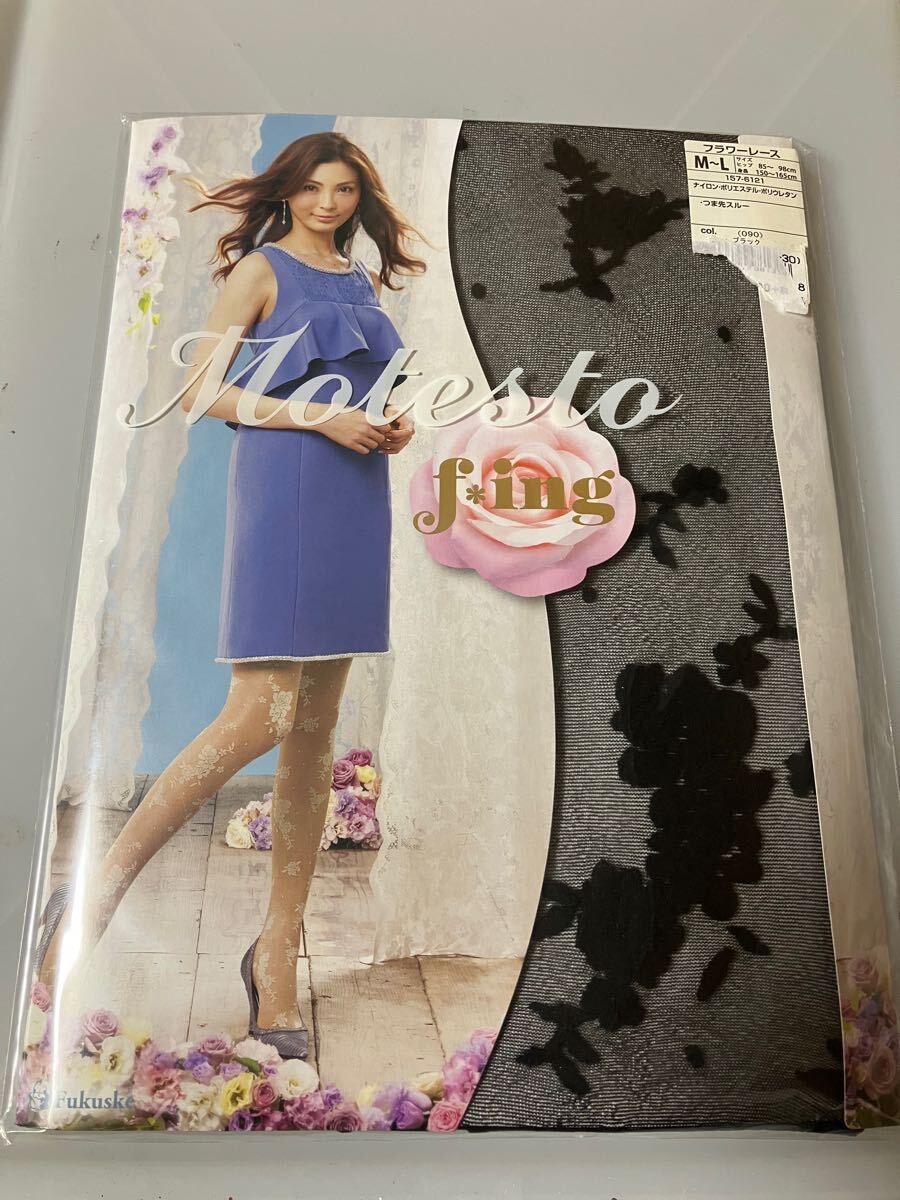 【送料無料】 fukuske f *ing motesto フラワーレース ブラック パンティストッキング パンスト 福助 デザイン 柄 panty stocking 黒拍卖