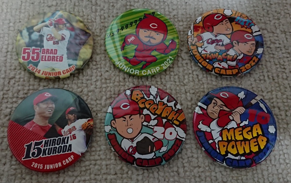 ジュニアカープ特典の缶バッジ 6個セット☆黒田博樹、エルドレッド、小園海斗、中村奨成、栗林良吏、菊池涼介、マクブルーム☆広島カープ拍卖