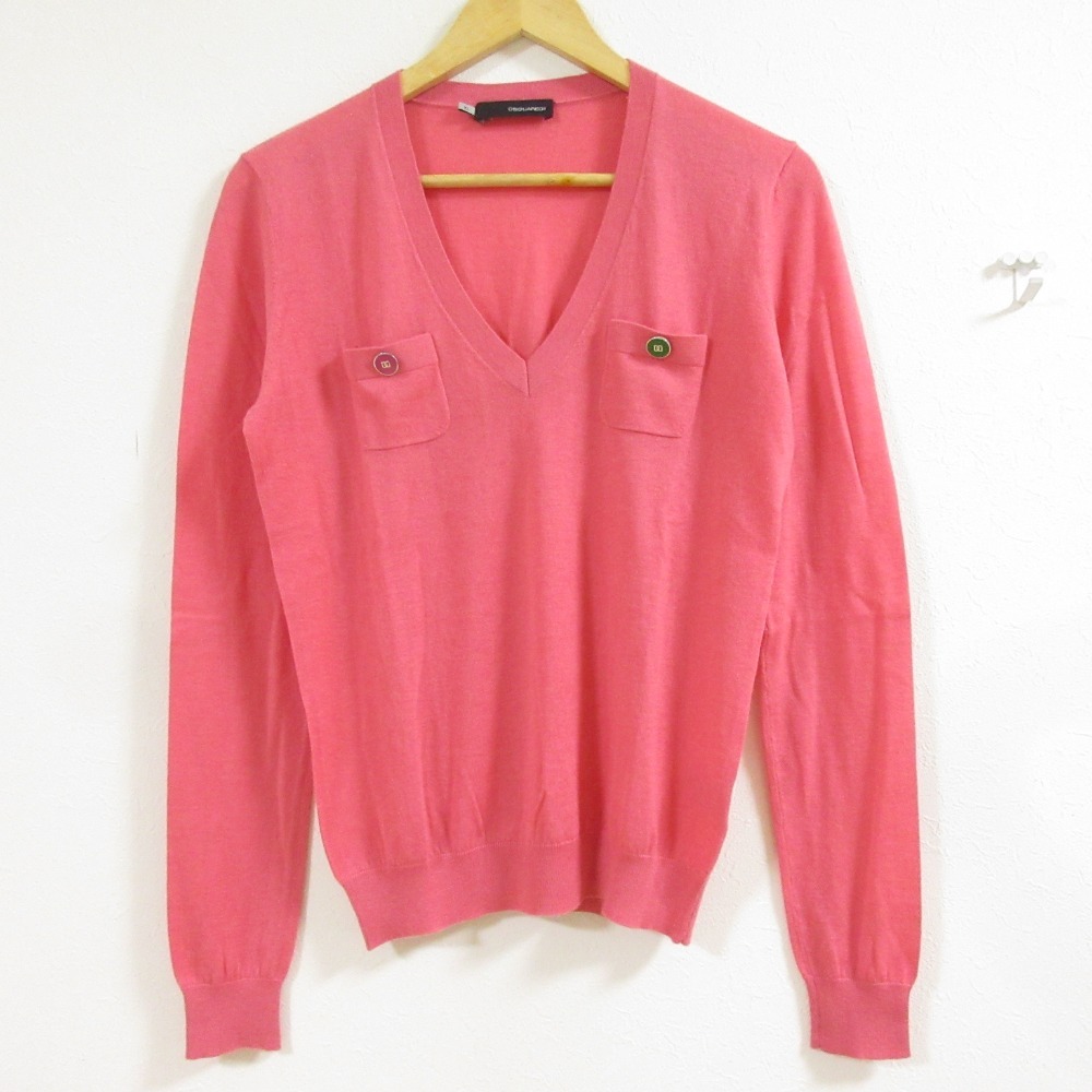 DSQUARED2 ディースクエアード 胸ポケット Vネック 長袖 プルオーバー カシミヤ100% ニット カットソー セーター XL ピンク拍卖