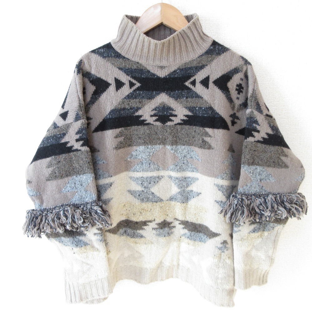美品 20AW MAX Mara マックスマーラ ウィークエンド ネイティブ柄 長袖 フリンジ ニット セーター S ベージュ×ブラウン拍卖