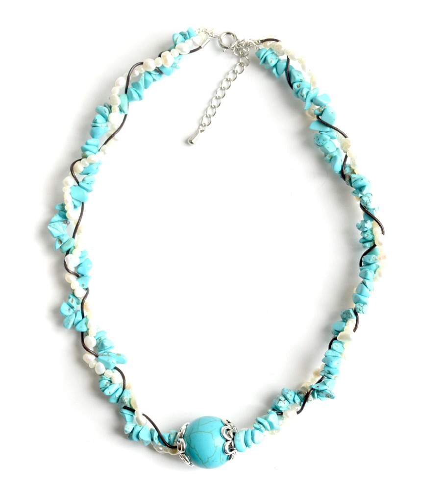 【AFP】 ターコイズ大玉18mm使用 サザレ&パールのみつあみネックレス ne1-150713拍卖