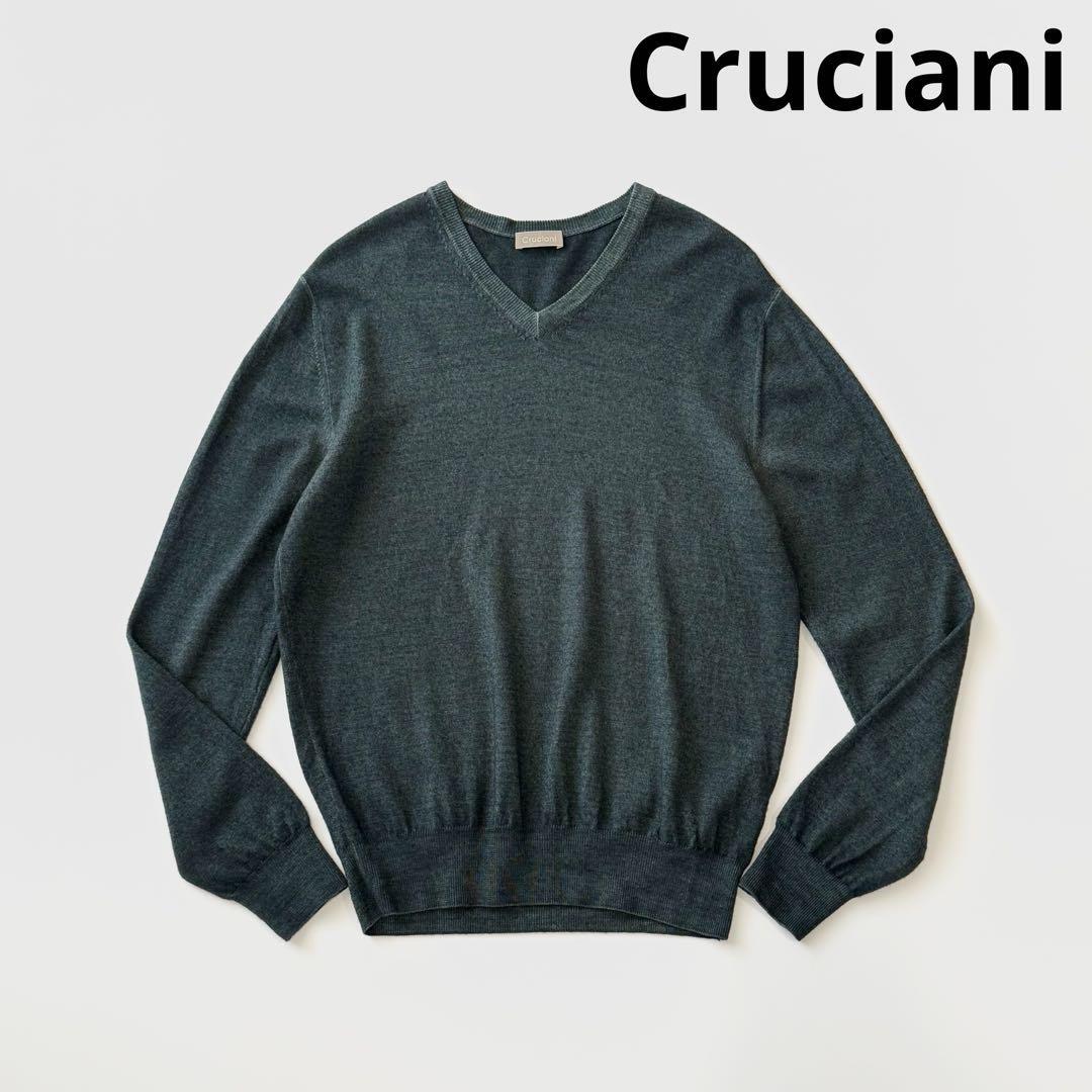 Cruciani クルチアーニ 製品染め ウール ハイゲージ Vネック ニット 48 グリーン 緑 ガーメントダイ セーター プルオーバー 長袖 薄手拍卖