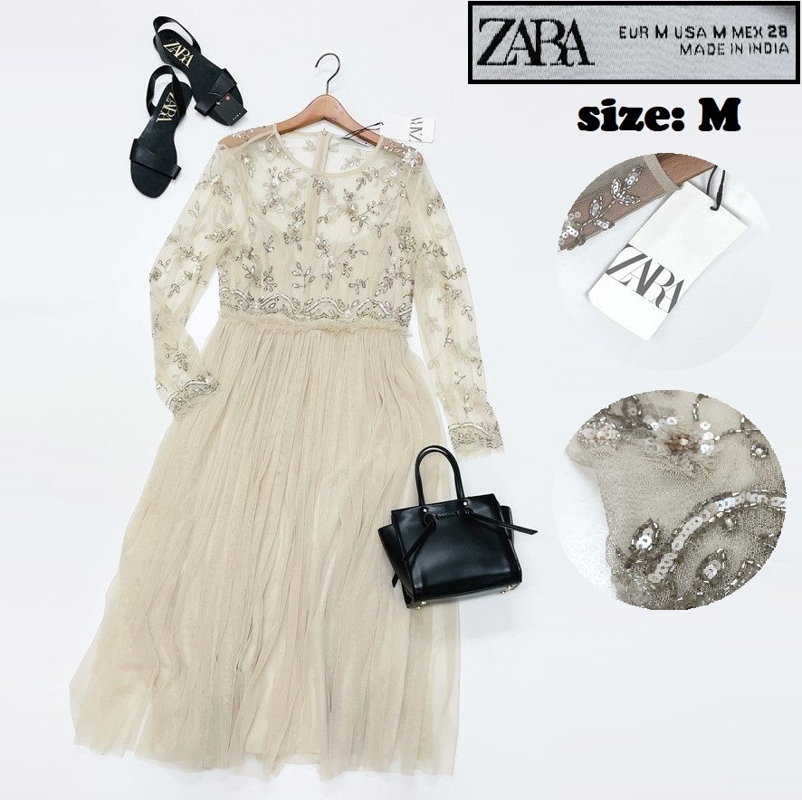 ZARA /M/ ベージュ ビーズワンピース 長袖ドレス レディース タグ付き 結婚式 二次会 フェミニン フォーマル シアー 大人可愛い生地 ザラ拍卖