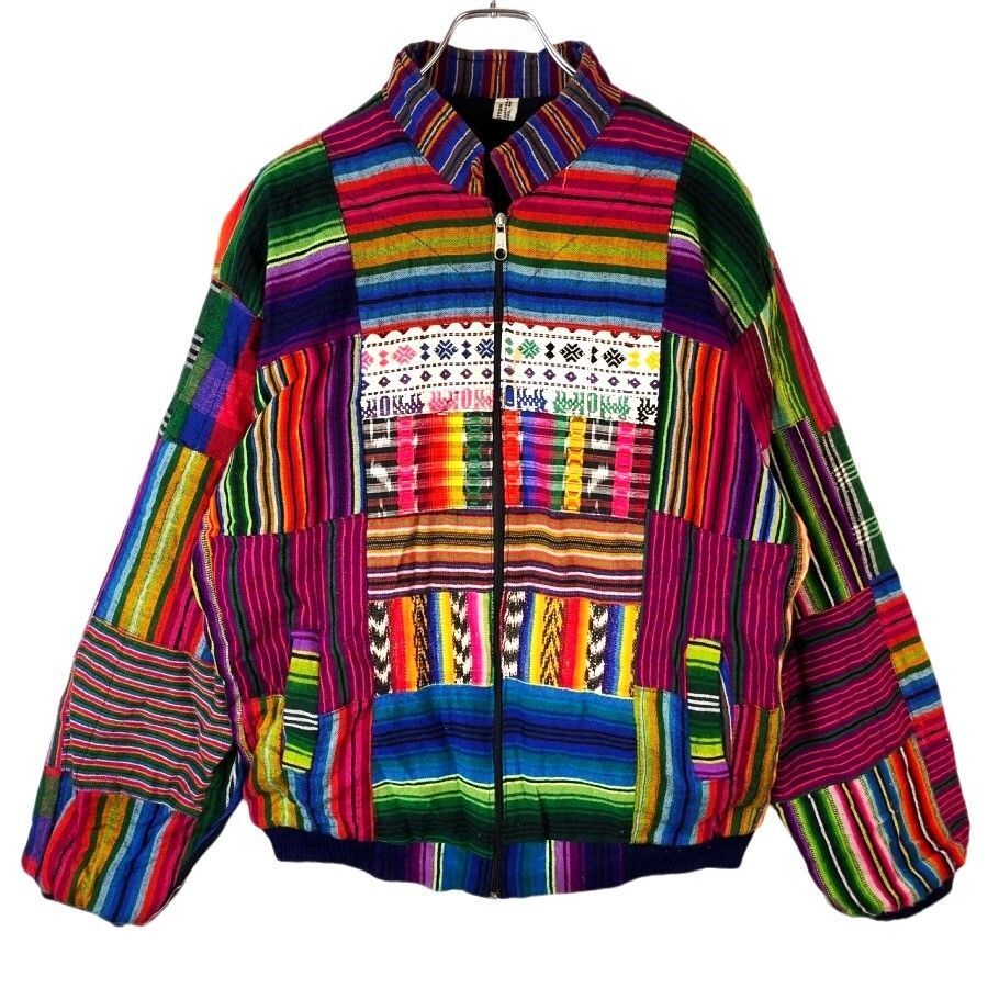 ヴィンテージvintageグアテマラジャケットブルゾン総柄パッチワーク風ネイティブエスニック派手カラフルマルチカラーストライプ40916拍卖