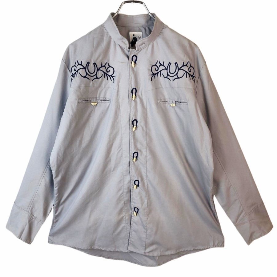 メキシコ製Ranger's長袖バンドカラーシャツウエスタンシャツデザインシャツ両面刺繍トグルボタン西部開拓カウボーイ灰色グレーvintage41009拍卖