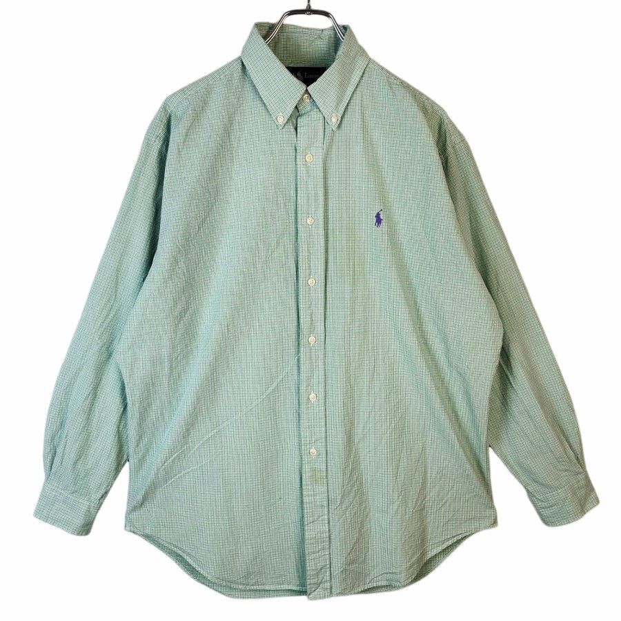 90sポロラルフローレンPolo Lauren BLAKE Two-Ply Cotton長袖チェックシャツボタンダウンシャツポニーロゴ刺繍ホワイト白グリーン緑41014拍卖