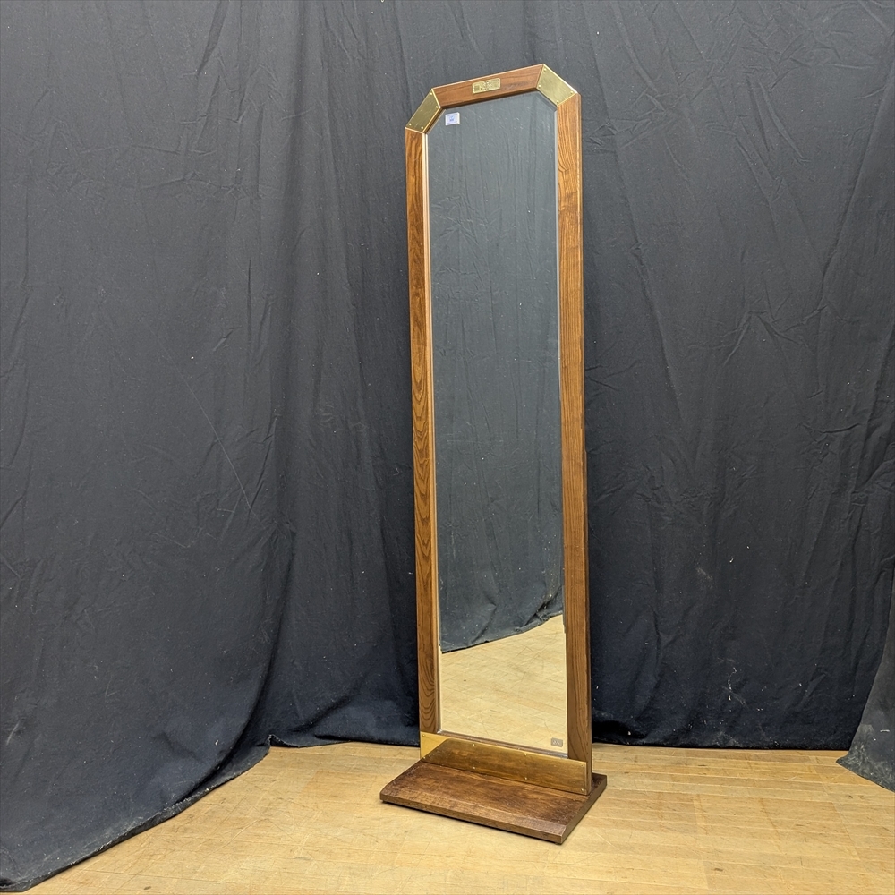 ★美品★塩川光明堂★BRASS ブラス★天然木★ スタンドミラー 姿見 全身 鏡 鏡 ミラー 面取り リビング 玄関 飛散防止フィルム拍卖