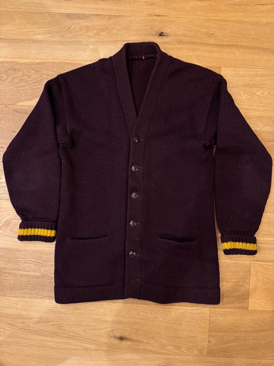 ビンテージ レタードカーディガン ウール 無地 ニット USA製 えんじ色マスタードイエロー拍卖