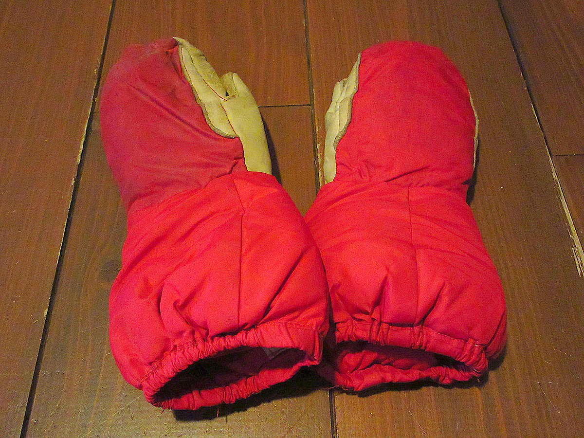 ビンテージ70’s●frostlineダウンミトングローブ赤×ベージュ●241221j8-m-glv古着1970sアウトドア小物手袋拍卖
