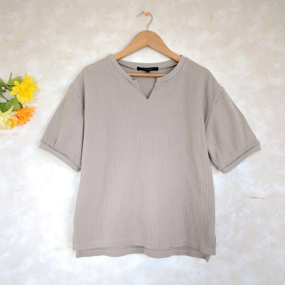 アクアヒストリー ワッフルニット【マタニティL】ベージュ スリットカラー 無地拍卖