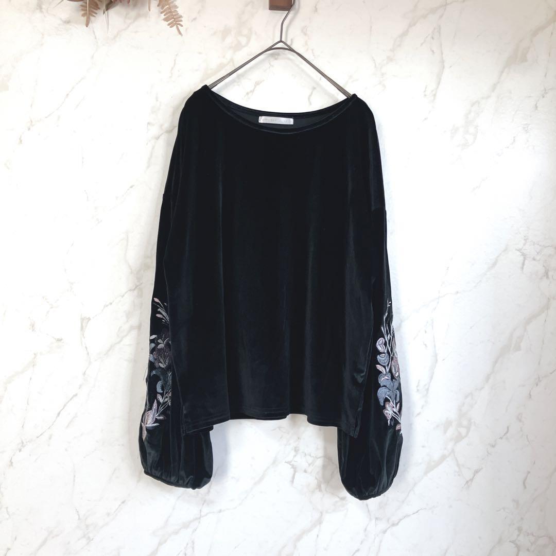 シーナデレイ 花刺繍 ビショップスリーブ カットソー【M】ベロア チャイナ拍卖