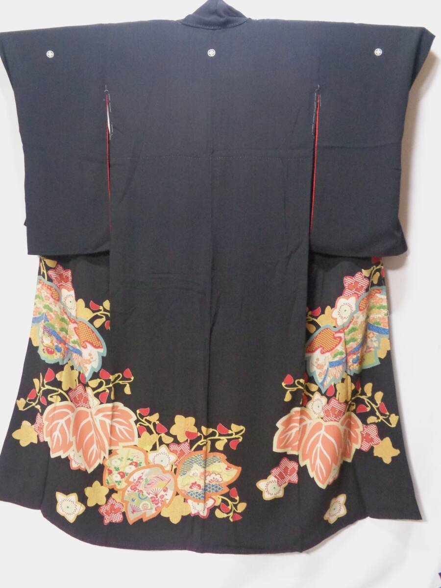 ■アンティーク 黒留袖 ちりめん 一部仕付け糸付き 桐 レトロ 正絹 古布 時代着物 No,26拍卖